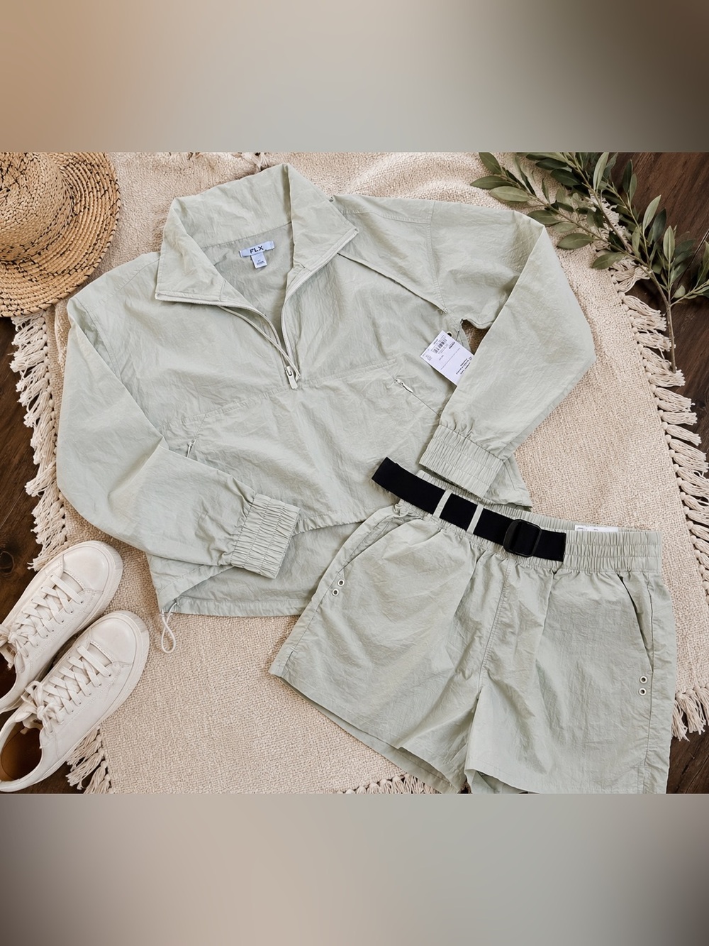 FLX Pale Mint Green Windbreaker Jacket & Belted Shorts Set NWT XS/S